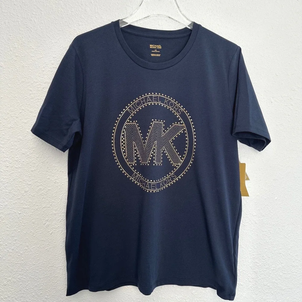 Michael Kors Studded Logo Charm Jersey T-Shirt Women Large Navy Casual NWT